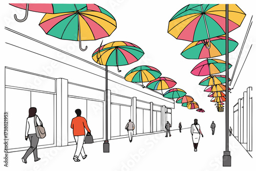 Colorful umbrellas suspended over a street with pedestrians
