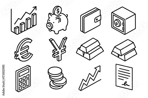 Isometric finance icons set featuring growing graph, currency symbols, and secure safe