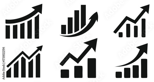 Set graph diagram up icon, business growth success chart with arrow, business bar sign, profit growing symbol, progress bar symbol, growing graph icons, growths chart collection – stock vector
