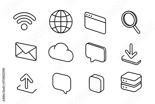 Minimalist line icons set featuring communication and technology symbols