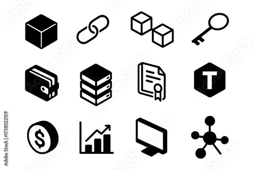Monochrome minimalist icons: technology, finance, and security elements