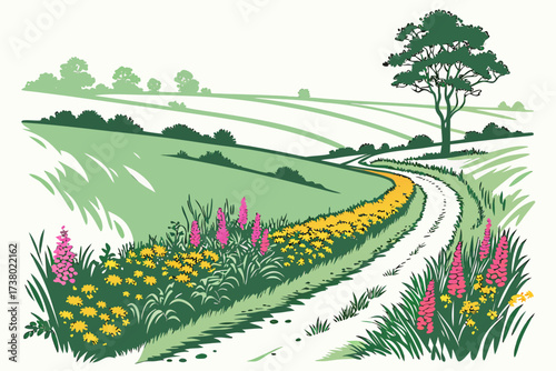 Countryside road with colorful wildflowers and rolling hills 1