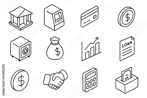 Financial icons collection: economic, banking, and money concepts in minimal isometric design