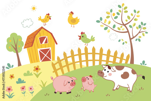 Cute farm animals and barn art vector
