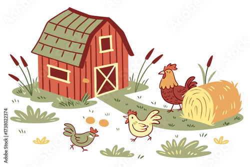 Cute farm scene with chickens barn and hay bale rooster