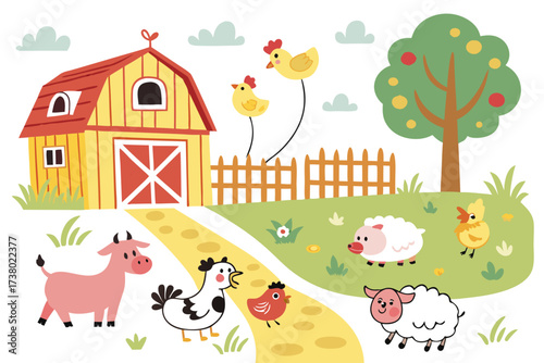 Cute Farm Animals and Barn on White Background sheep