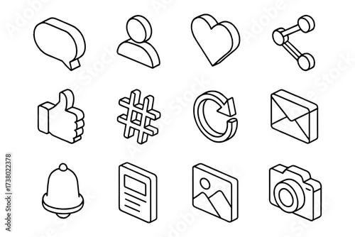 Essential isometric icons for digital communication and social media