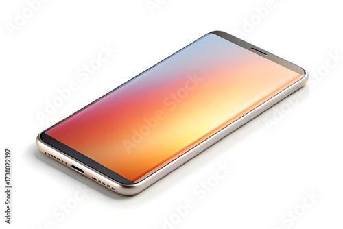 Modern silver smartphone with a vibrant colorful gradient screen reflection isolated on transparent background