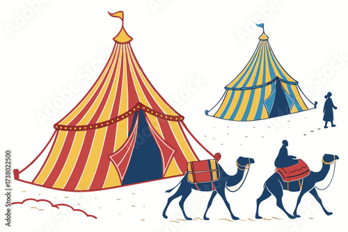 Desert caravan with colorful tents and camels travel 3