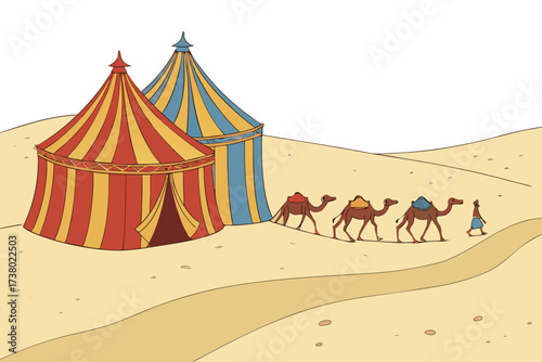 Desert caravan with colorful tents and camels travel 5