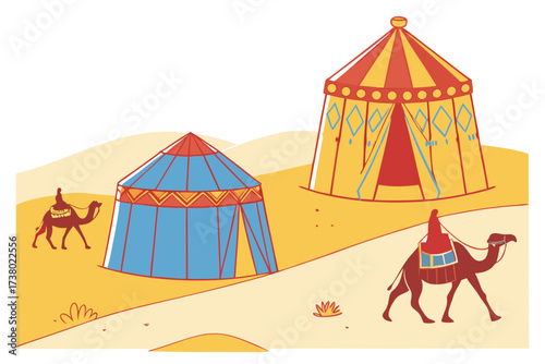 Desert caravan with colorful tents and camels travel 6