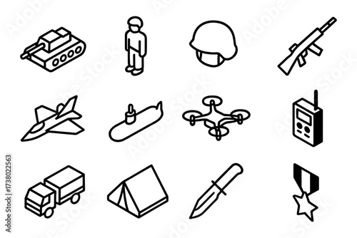 Military line art icons set featuring vehicles, equipment, and awards