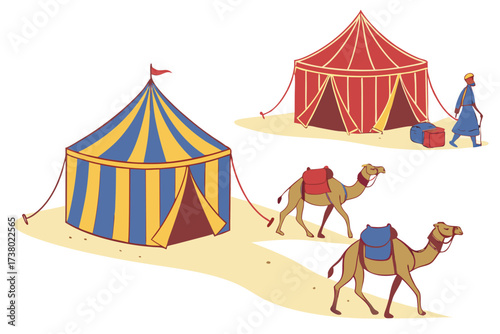Desert caravan with colorful tents and camels travel