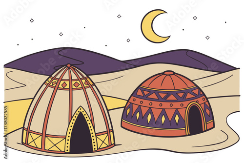 Desert night scene with two colorful tents and crescent moon 1