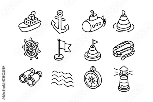 Nautical icons set: boats, anchors, and marine equipment in linear style