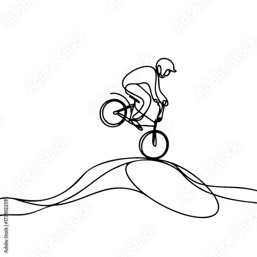 BMX rider performing trick in minimalistic continuous line art, smooth curves and black and white, concept of cycling and sports promotion.