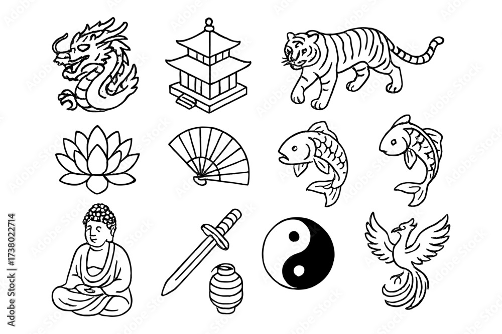 Obraz premium Asian symbols collection: dragon, pagoda, yin yang, and more in black and white