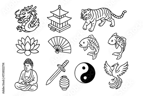 Asian symbols collection: dragon, pagoda, yin yang, and more in black and white