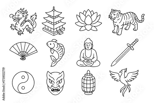 Outline icons of traditional asian symbols featuring dragon, pagoda, lotus, and more