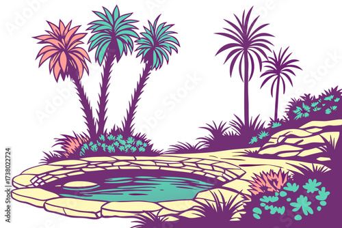 Desert oasis with palm trees and colorful reflections 4