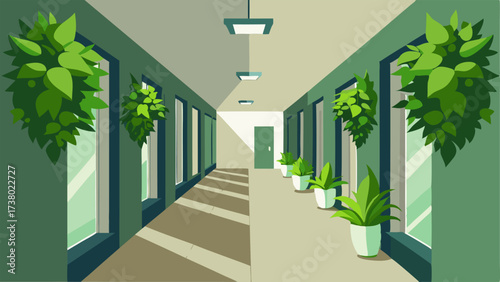 A hallway with a living plant wall adding a pop of green to the otherwise neutral space.