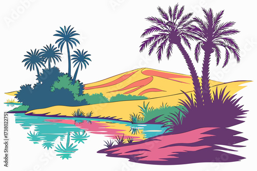 Desert oasis with palm trees and colorful reflections 5