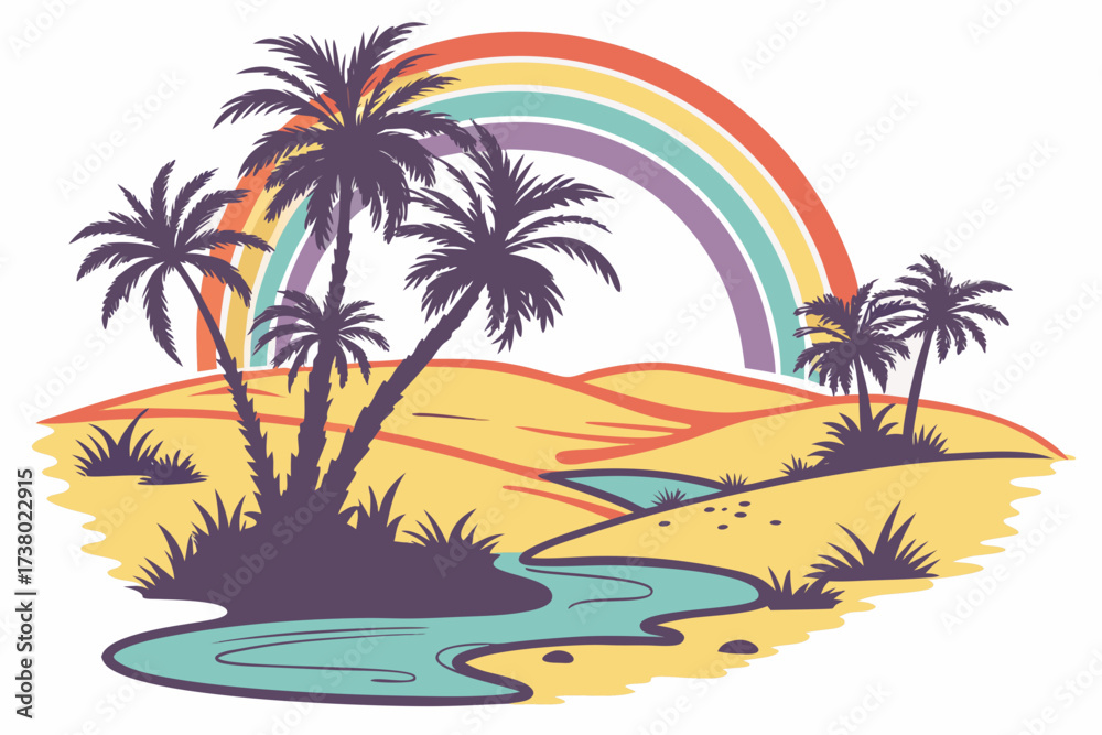 Fototapeta premium Desert oasis with palm trees and rainbow landscape 1