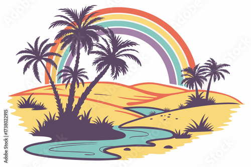 Desert oasis with palm trees and rainbow landscape 1