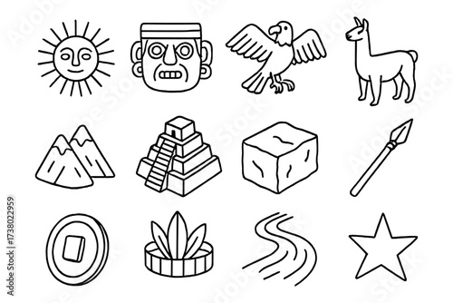 Ancient inca and aztec symbol collection in linear style with sun, pyramid, and llama