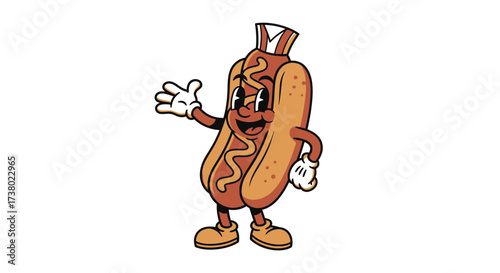 Cartoon hot dog character with friendly expression and classic retro style illustration