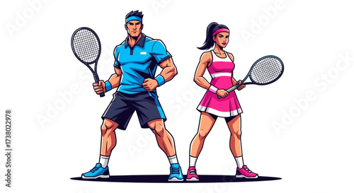 Dynamic cartoon illustration of a male and female tennis player ready to play tennis