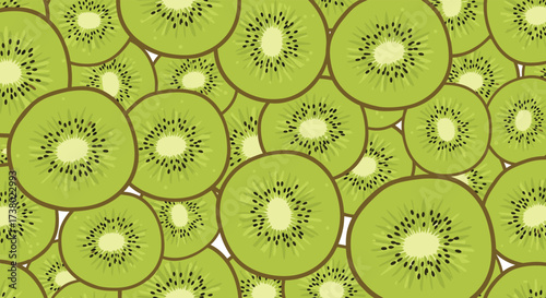 A vibrant pattern of sliced kiwifruit creates a refreshing and wholesome backdrop. 