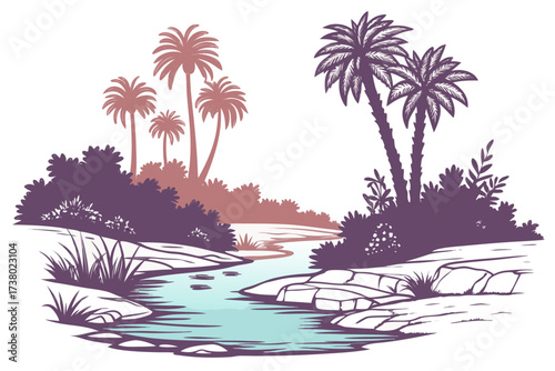 Desert oasis with palm trees and river water