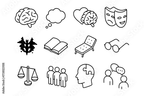 Psychology icons: brain, mind, therapy, mental health, counseling symbols
