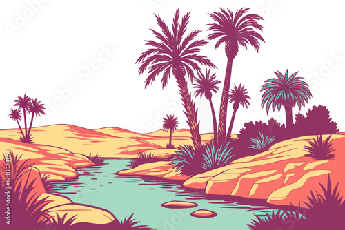 Desert oasis with palm trees and water landscape