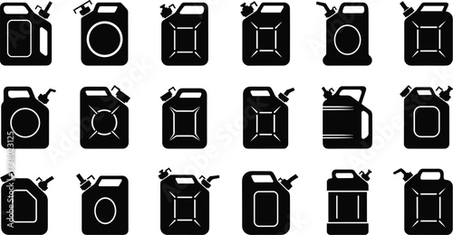Gas can silhouette, fuel container icons, petrol jerrycan set, black oil can illustration, portable liquid storage design, gasoline container symbols