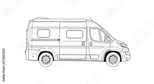 Detailed line drawing of a campervan, illustrating its design and features for travel and