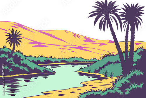 Desert oasis with palm trees and water reflections 1