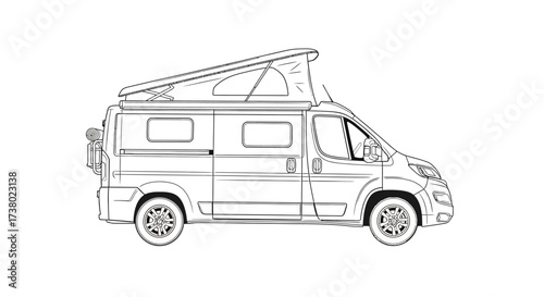 Detailed black and white line drawing of a campervan showcasing outdoor recreational vehicle