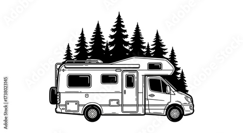 Vector illustration of camper van with pine trees, camping adventure design for print or web