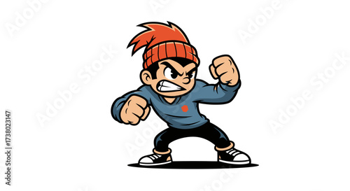 Cartoon character ready for a fight with beanie ready to boxing match attitude