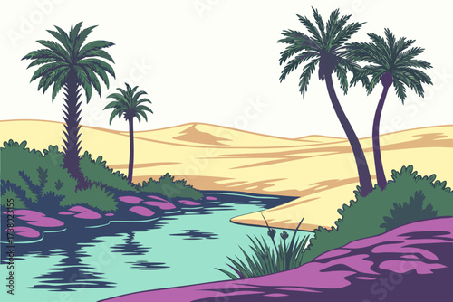 Desert oasis with palm trees and water reflections