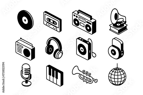 Retro isometric audio device collection featuring vintage gadgets and music instruments