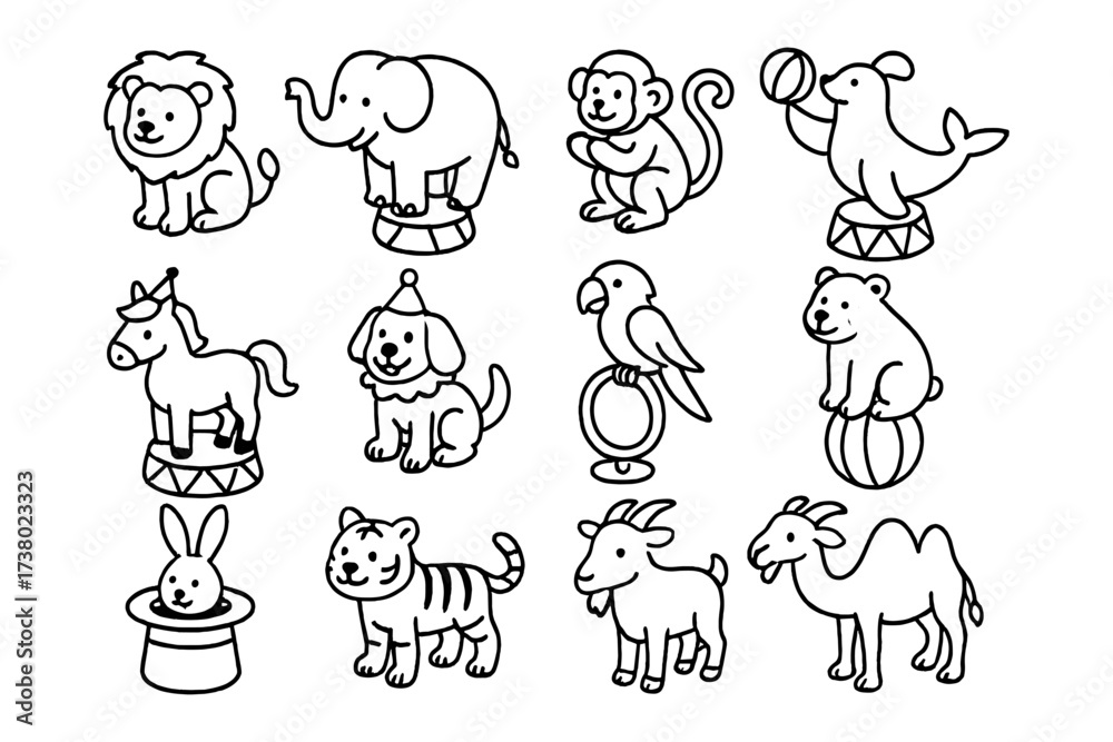 Obraz premium Circus animal line art: adorable creatures in playful costumes