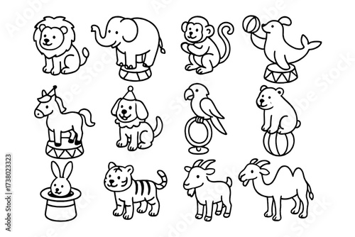 Circus animal line art: adorable creatures in playful costumes