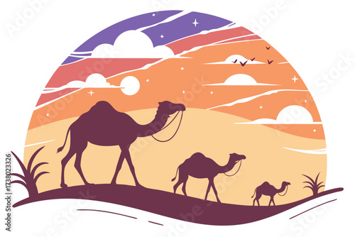 Desert sunset with camel caravan silhouettes vector