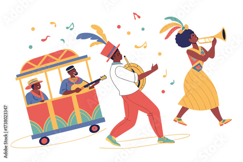 Diverse people in a colorful parade with music and a float