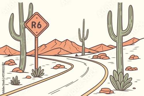 Desert road with saguaro cacti and orange mountains