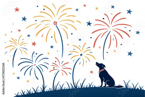 Dog watching colorful fireworks on white background