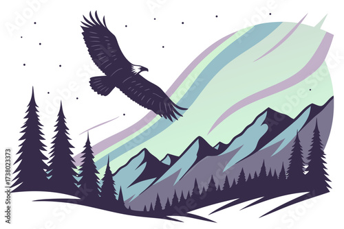 Eagle flying over aurora borealis mountains and pine trees